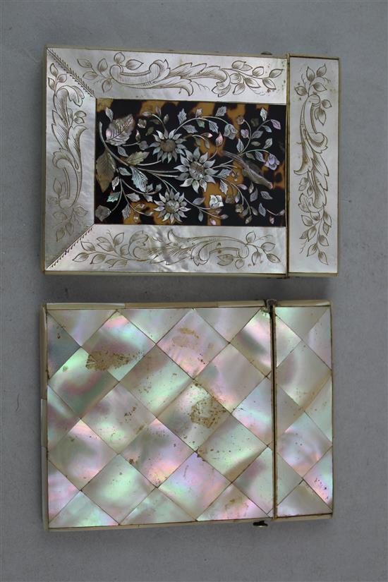 A Victorian engraved mother of pearl card case & another
